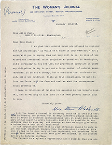 Alice Stone Blackwell to Alice Paul, January 23, 1913. Letter.