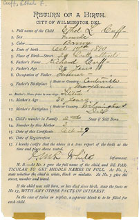 1890 birth certificate from the City of Wilmington, Del.