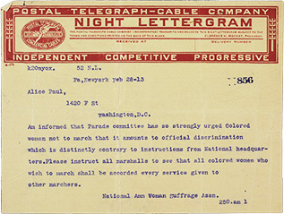 Telegram from NAWSA president to Alice Paul. February 28, 1913.